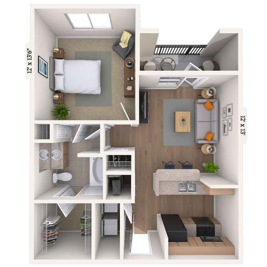 Floor plan for 1 bed, 1 bath, 660 sqft
